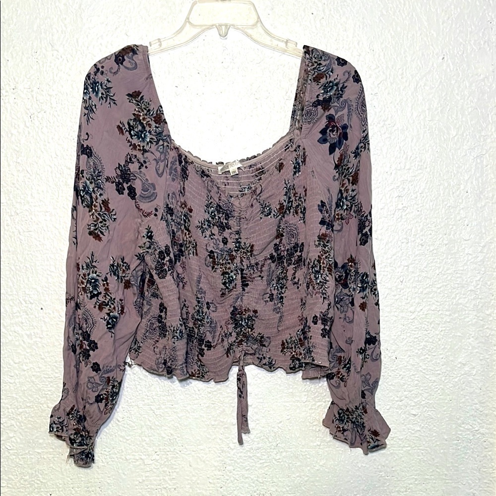 Wild Jasmin purple floral off shoulder puff sleeve top with front tie size 2XL